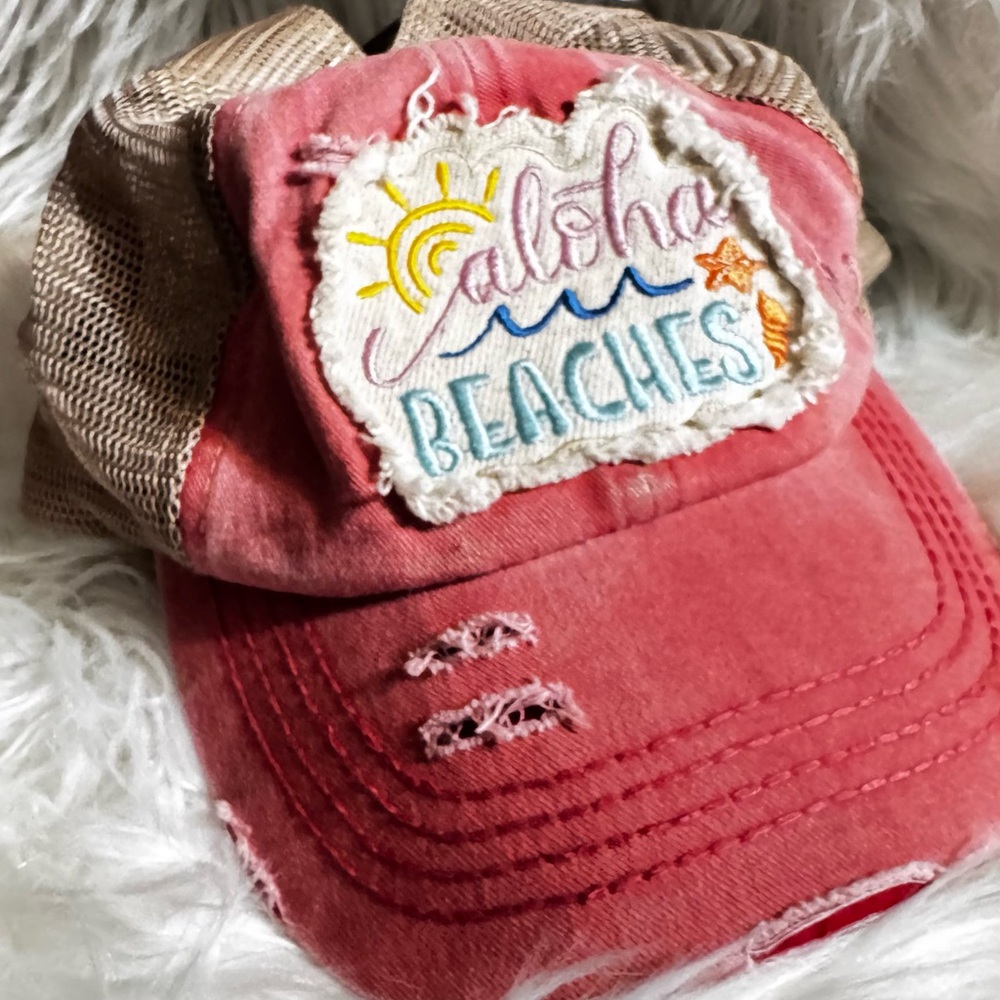 Pink Distressed Trucker Hat with Aloha Beaches Patch